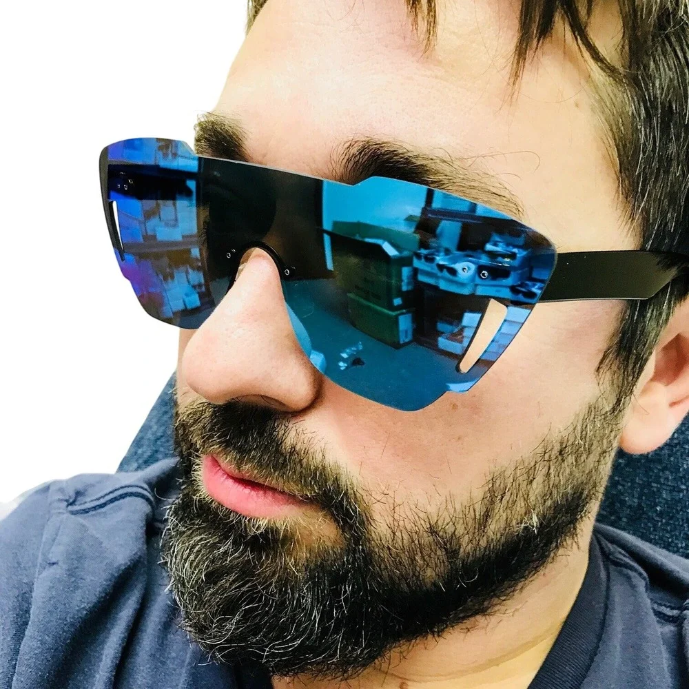 Shield Sunglasses Blue Mirrored Flat Lens Fashion Futuristic Visor Sunnies Gafas